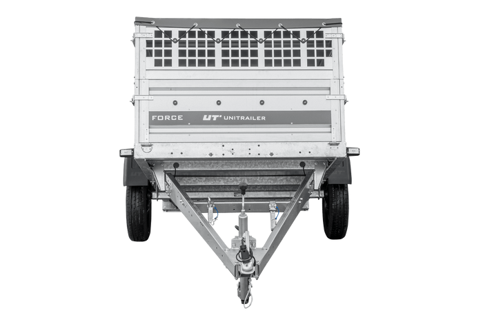 Enkelassige aanhanger 230x125 UNITRAILER FORCE 230 KIPP met gaaswanden, H-0 frame en grijze afdekking.