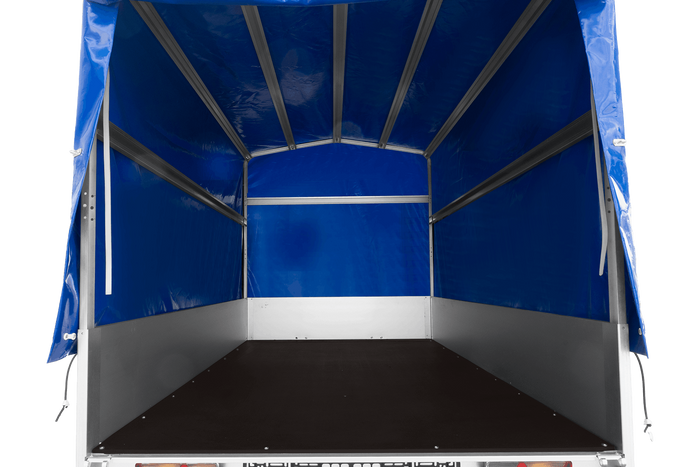 Autoaanhanger met aluminium zijwanden 264x125 Unitrailer Garden 264 KIPP ALU met H-1100 frame en blauwe afdekking