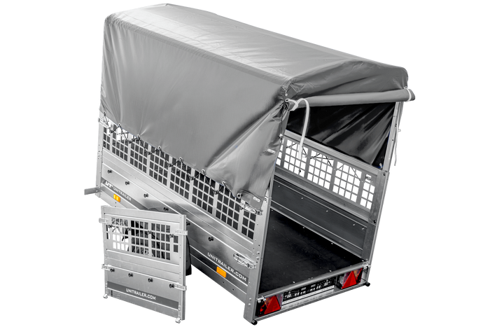 Autoaanhanger 200x106 UNITRAILER GARDEN 200 KIPP met gaaswanden, H-800 frame en grijze afdekking