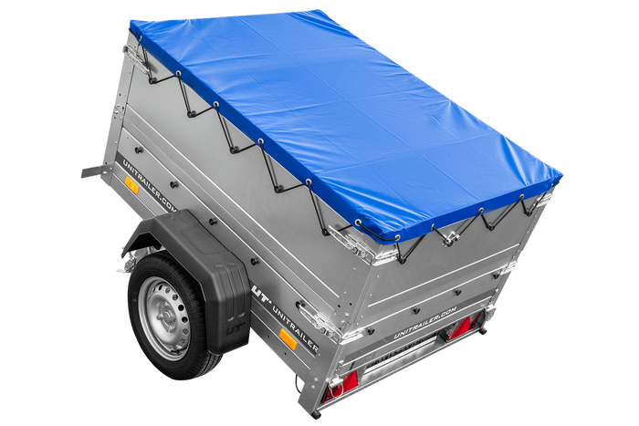 Unitrailer GARDEN TRAILER 150 KIPP met steunwiel, twee zijkanten en blauwe vlakke afdekking