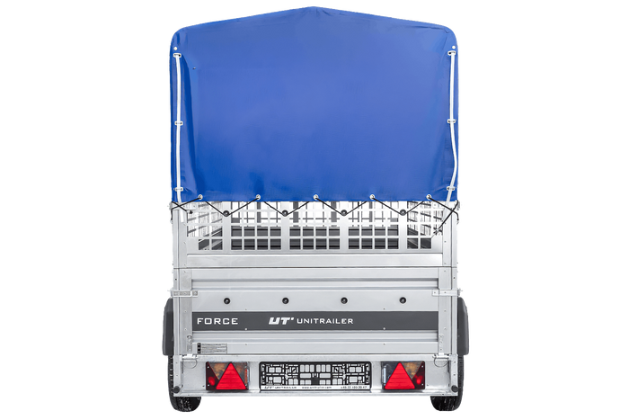 Enkelassige aanhanger 230x125 UNITRAILER FORCE 230 KIPP met gaaswanden, H-0 frame en blauwe afdekking.