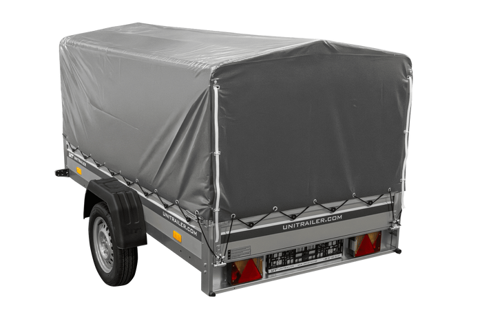 Enkelassige aanhanger met aluminium zijwanden 230x125 Unitrailer Garden 230 KIPP ALU met H-800 frame en grijze afdekking