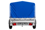 Autoaanhanger op veren met aluminium zijwanden 200x125 Unitrailer Garden 201/R KIPP ALU met H-800 frame en blauwe afdekking