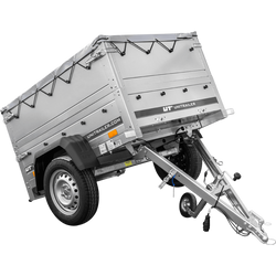 Unitrailer GARDEN TRAILER 150 KIPP met een steunwiel, twee zijkanten en een grijze platte afdekking op een frame