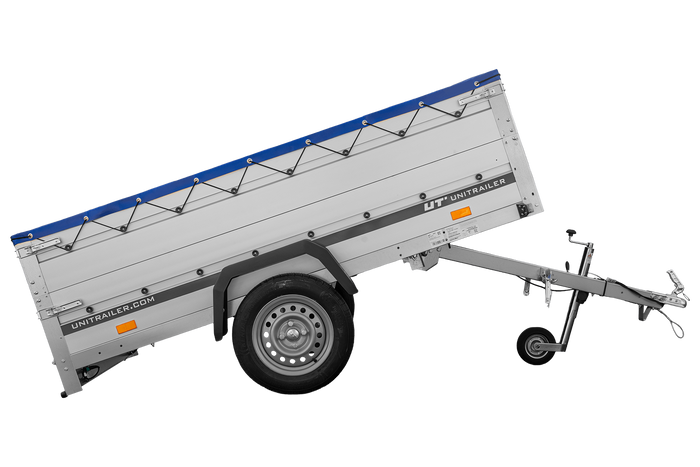 Enkelassige aanhanger met aluminium zijwanden 230x125 Unitrailer Garden 230 KIPP ALU met BIS-zijwanden, H-0 frame en blauwe afdekking