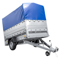 Enkelassige aanhanger op veren 230x125 UNITRAILER FORCE 230/R KIPP met BIS-zijwanden, H-800 frame en blauwe afdekking