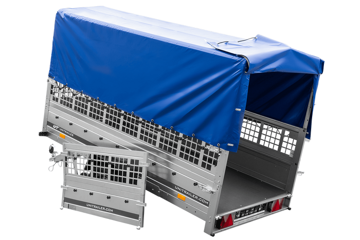 Lichte aanhangwagen 264x125 UNITRAILER GARDEN 264 KIPP met gaaswanden, H-800 frame en blauwe kap