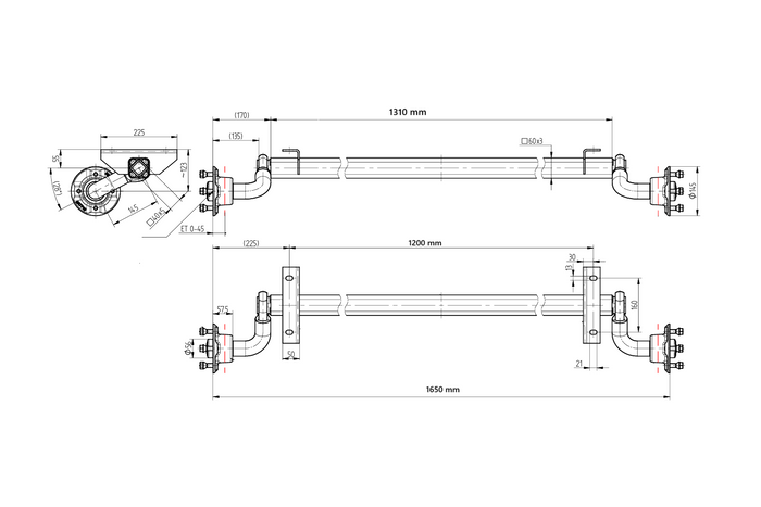 KNOTT VG7-L ongeremde as voor aanhanger 750 kg 1200 mm 1650 mm 4x100
