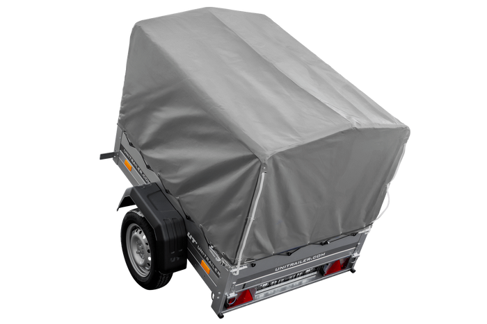 Enkelassige aanhanger 150x106 UNITRAILER GARDEN 150 KIPP met H-800 frame en grijze afdekking