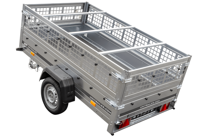 Lichte aanhanger 230x125 UNITRAILER GARDEN 230 KIPP met gaaswanden en H-0 frame en blauwe hoes