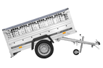 Enkelassige aanhanger 200x106 UNITRAILER GARDEN 200 KIPP met gaaswanden en grijs dekzeil