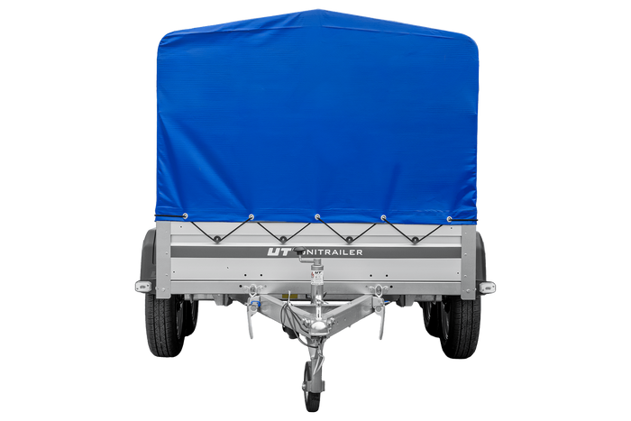 Tweeassige aanhanger met aluminium zijwanden 264x125 Unitrailer Garden 264/2 KIPP ALU met H-800 frame en blauwe afdekking