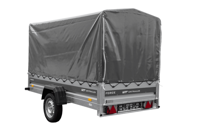 Autotrailer 264x125 UNITRAILER FORCE 264 KIPP met H-1100 frame en grijze afdekking