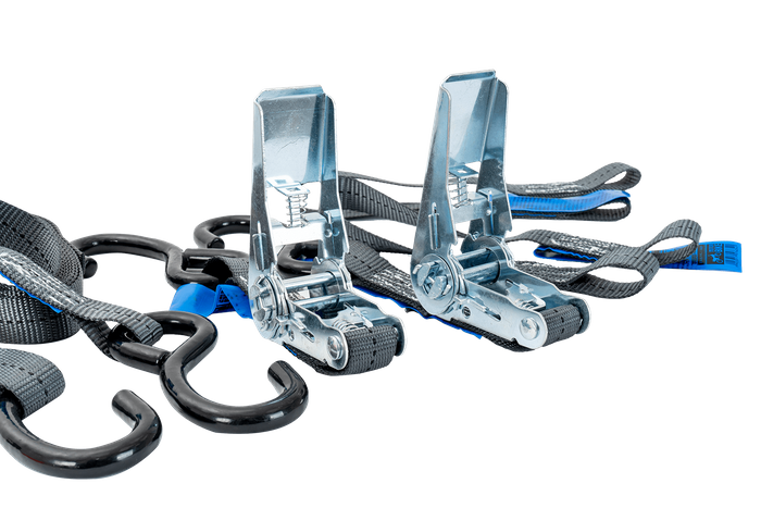 Set van twee HILLS 3m/25mm/1t transportbanden met spanner en twee 0,45m harnassen voor het vastzetten van de motorfiets