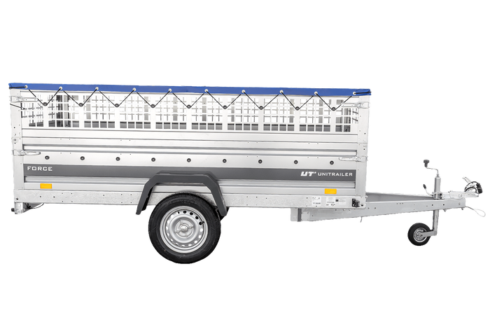 Enkelassige aanhanger 264x125 UNITRAILER FORCE 264 KIPP met gaaswanden, H-0 frame en blauwe afdekking.