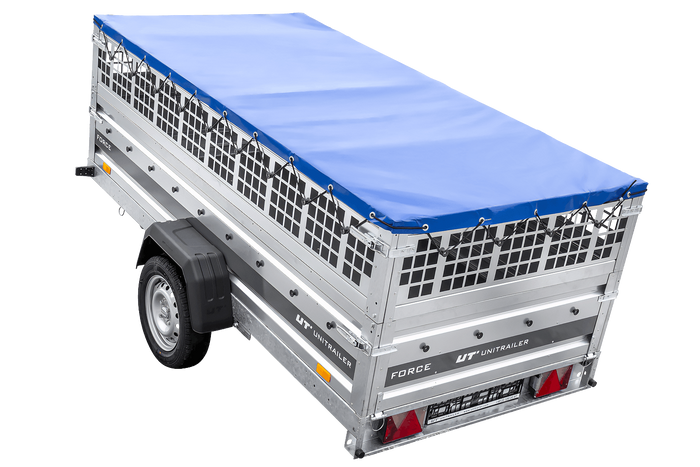 Enkelassige aanhanger op veren 264x125 UNITRAILER FORCE 264/R KIPP met gaaswanden, H-0 frame en blauw dekzeil