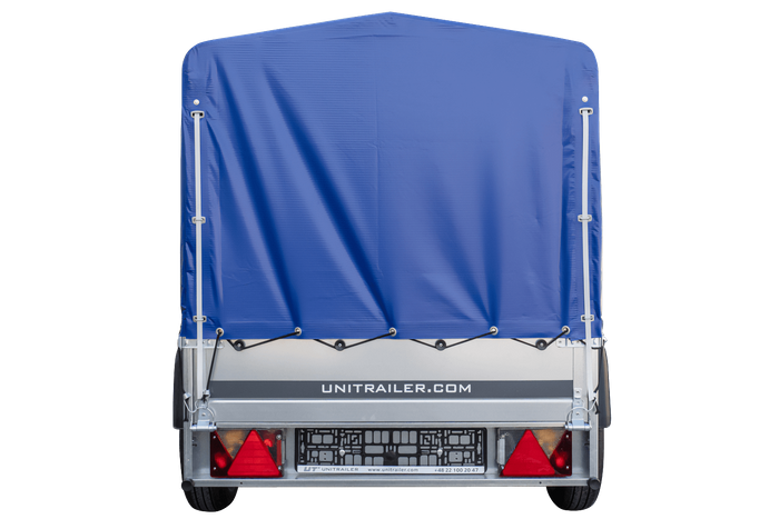 Enkelassige aanhanger 200x106 UNITRAILER GARDEN 200 KIPP met H-800 frame en blauw dekzeil