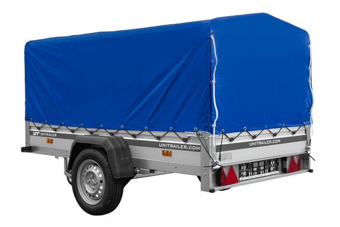 Enkelassige aanhanger op veren met aluminium zijwanden 230x125 Unitrailer Garden 230/R KIPP ALU met H-800 frame en blauwe afdekking