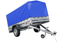 Enkelassige aanhangwagen op veren 230x125 UNITRAILER GARDEN 230/R KIPP met H-800 frame en blauw dekzeil