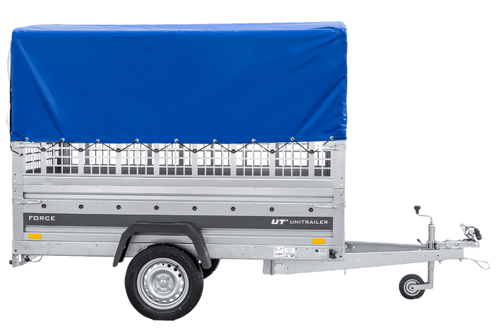 Enkelassige aanhanger 230x125 UNITRAILER FORCE 230 KIPP met gaaswanden, H-0 frame en blauwe afdekking.