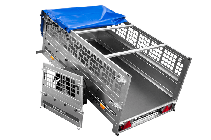 Lichte aanhanger 200x106 UNITRAILER GARDEN 200 KIPP met gaaswanden, H-0 frame en blauwe hoes