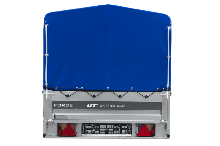 Enkelassige aanhanger op veren 264x125 UNITRAILER FORCE 264/R KIPP met H-800 frame en blauwe afdekking