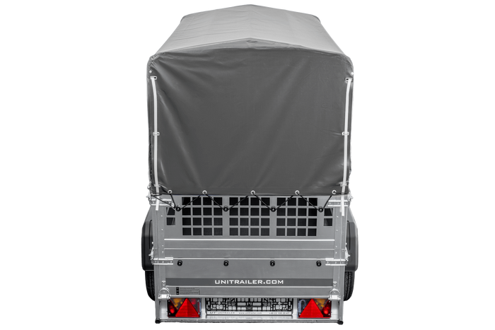 Autoaanhanger 200x106 UNITRAILER GARDEN 200 KIPP met gaaswanden, H-800 frame en grijze afdekking