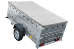 Eenassige aanhanger met een GARDEN TRAILER 230 KIPP met een steunwiel, twee zijkanten en een grijze vlakke kap
