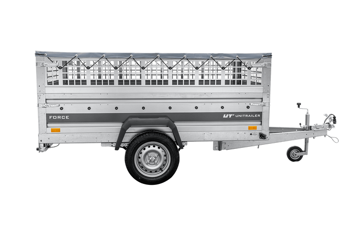 Lichte aanhanger op veren 230x125 UNITRAILER FORCE 230/R KIPP met gaaswanden, H-0 frame en grijze afdekking