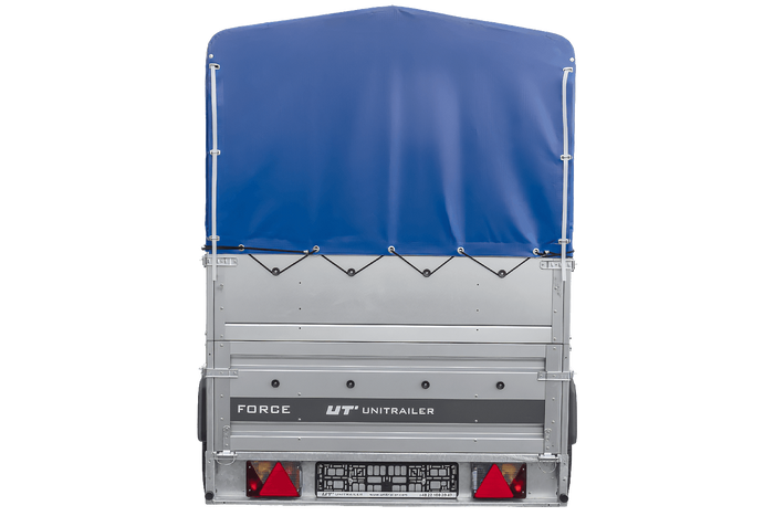 Lichte aanhanger op veren 264x125 UNITRAILER FORCE 264/R KIPP met BIS-zijwanden, H-800 frame en blauwe afdekking