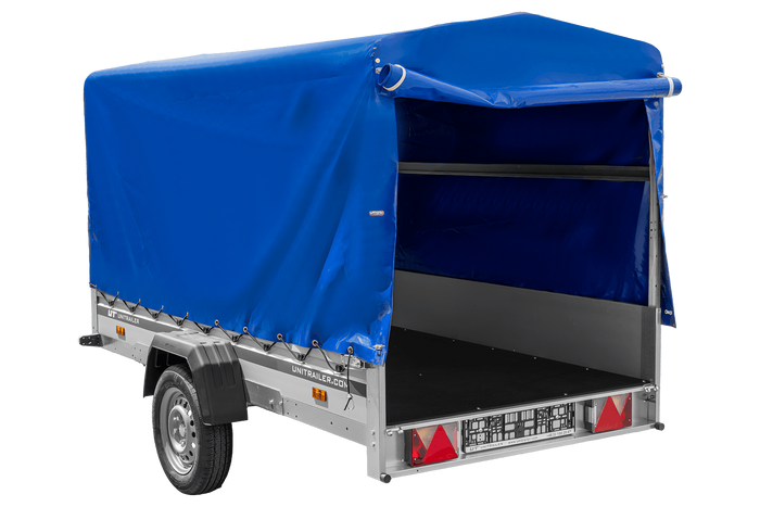 Autoaanhanger met aluminium zijwanden 264x125 Unitrailer Garden 264 KIPP ALU met H-1100 frame en blauwe afdekking