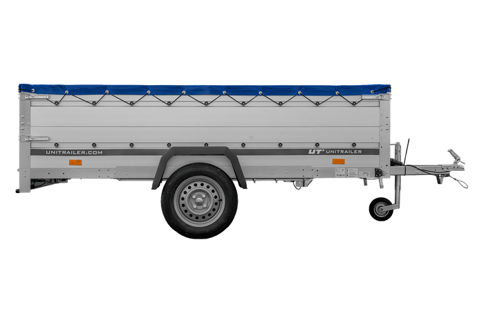 Enkelassige aanhanger met aluminium zijwanden 264x150 Unitrailer Garden 265 KIPP ALU met BIS-zijwanden, H-0 frame en blauwe afdekking