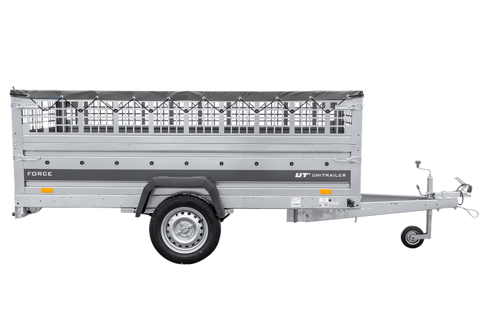 Enkelassige aanhanger op veren 264x125 UNITRAILER FORCE 264/R KIPP met gaaswanden, H-0 frame en grijs dekzeil