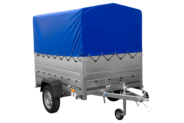 Enkelassige aanhanger 200x125 UNITRAILER GARDEN 201 KIPP met BIS-zijwanden, H-800 frame en blauwe afdekking