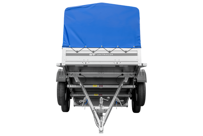 Tweeassige aanhanger met aluminium zijwanden 264x125 Unitrailer Garden 264/2 KIPP ALU met H-800 frame en blauwe afdekking
