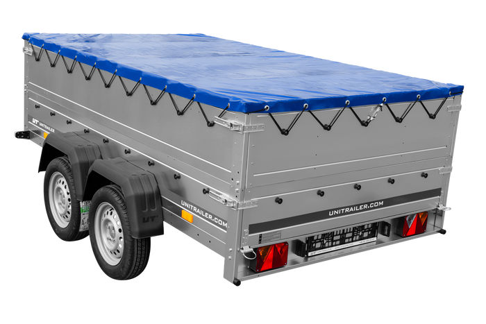 Tweeassige aanhanger 264x150 UNITRAILER GARDEN 265/2 KIPP met BIS-zijwanden, H-0 frame en blauwe afdekking
