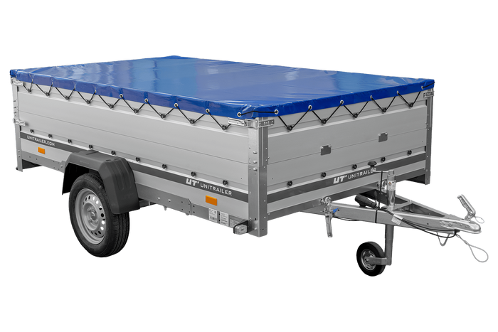 Enkelassige aanhanger met aluminium zijwanden 264x150 Unitrailer Garden 265 KIPP ALU met BIS-zijwanden, H-0 frame en blauwe afdekking