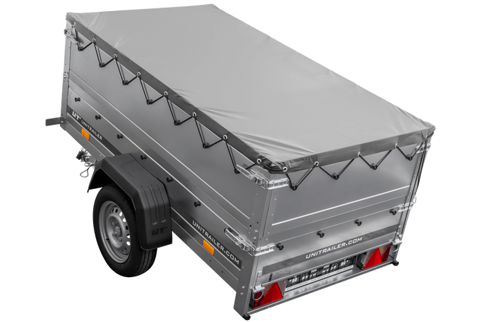Enkelassige aanhanger 200x106 UNITRAILER GARDEN 200 KIPP met BIS-zijwanden, H-0 frame en grijze afdekking