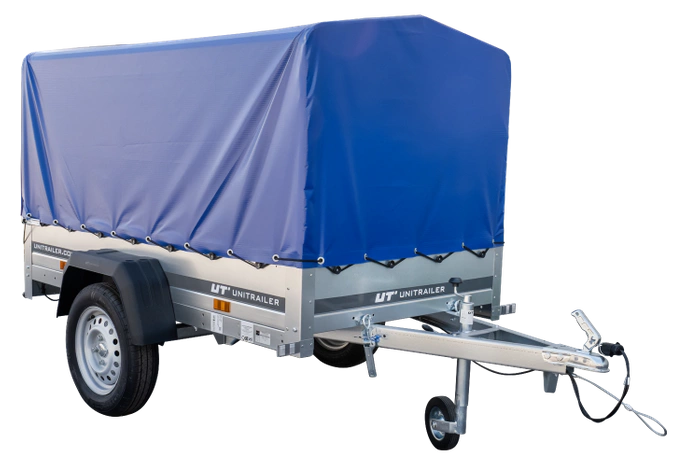 Enkelassige aanhanger 200x106 UNITRAILER GARDEN 200 KIPP met H-800 frame en blauw dekzeil