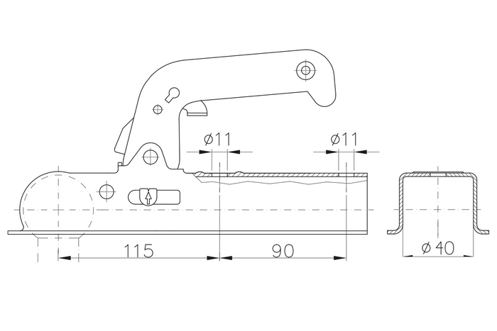 CHOOYO JD.00.53.008 kogelkoppeling voor een aanhanger van 800 kg met een vierkante dissel van 40 mm.