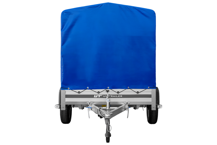 Autoaanhanger met aluminium zijwanden 230x125 Unitrailer Garden 230 KIPP ALU met H1100 frame en blauwe afdekking