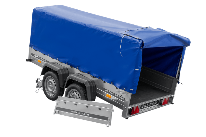 Twee-assige aanhanger 264x125 UNITRAILER GARDEN 264/2 KIPP met H-800 frame en blauwe afdekking