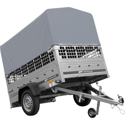 Enkelassige aanhanger 200x125 UNITRAILER GARDEN 201 KIPP met gaaswanden, H-800 frame en grijze afdekking