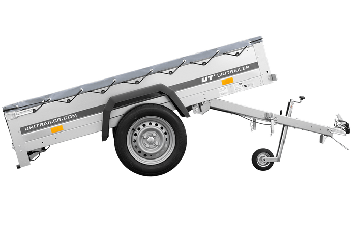 Enkelassige aanhanger 200x106 UNITRAILER GARDEN 200 KIPP met H-0 frame en grijze afdekking