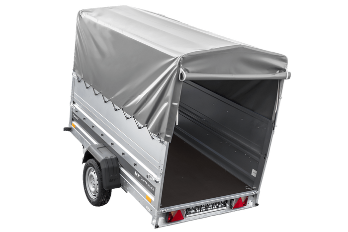 Enkelassige aanhanger op veren 230x125 UNITRAILER FORCE 230/R KIPP met BIS-zijwanden, H-800 frame en grijze afdekking