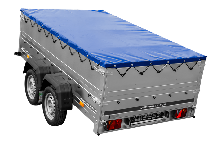 Tweeassige aanhanger 264x150 UNITRAILER GARDEN 265/2 KIPP met BIS-zijwanden, H-0 frame en blauwe afdekking