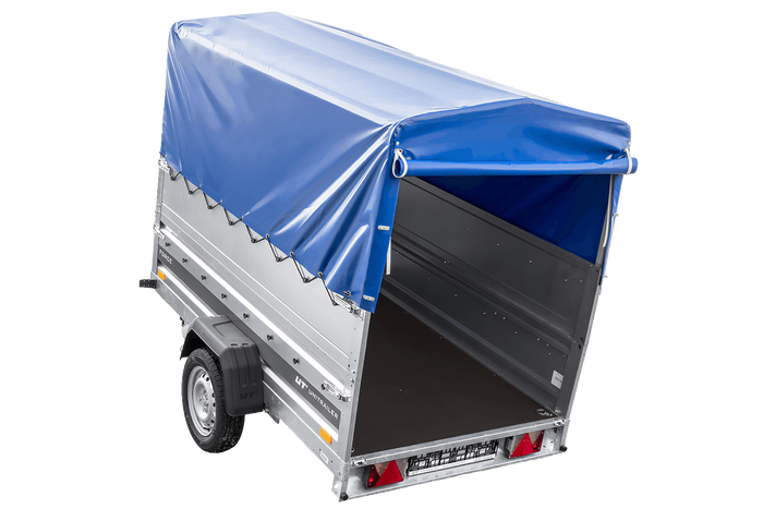 Enkelassige aanhanger op veren 230x125 UNITRAILER FORCE 230/R KIPP met BIS-zijwanden, H-800 frame en blauwe afdekking