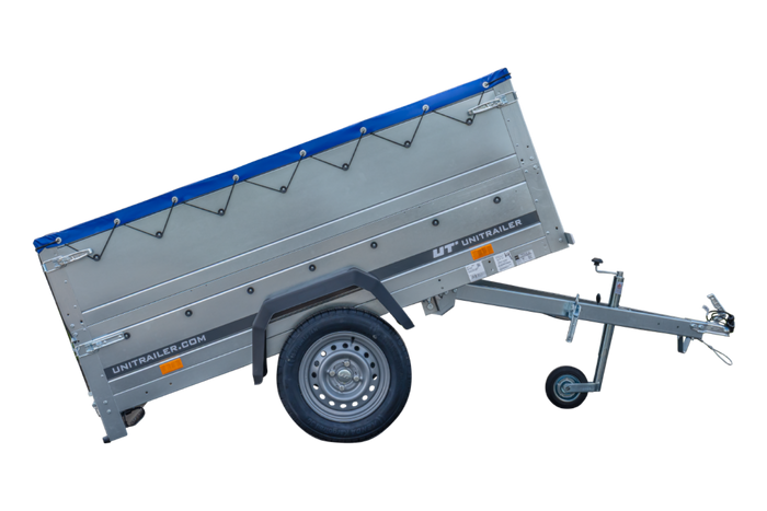Enkelassige aanhanger 200x106 UNITRAILER GARDEN 200 KIPP met BIS-zijwanden en blauw dekzeil