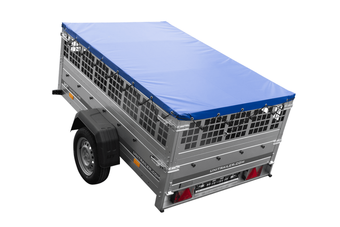 Enkelassige aanhanger 200x125 UNITRAILER GARDEN 201 KIPP met gaaswanden en blauwe afdekking