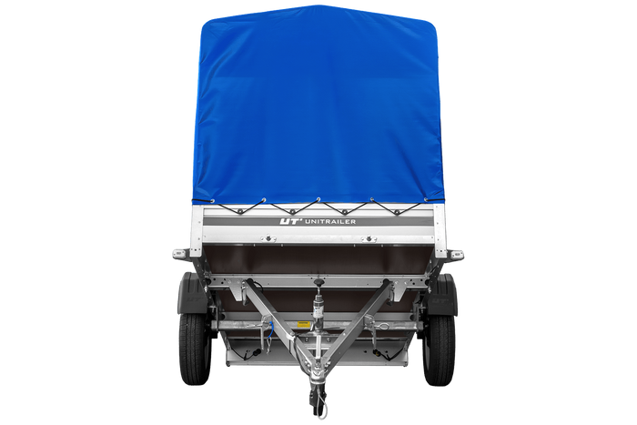 Autoaanhanger met aluminium zijwanden 230x125 Unitrailer Garden 230 KIPP ALU met H1100 frame en blauwe afdekking